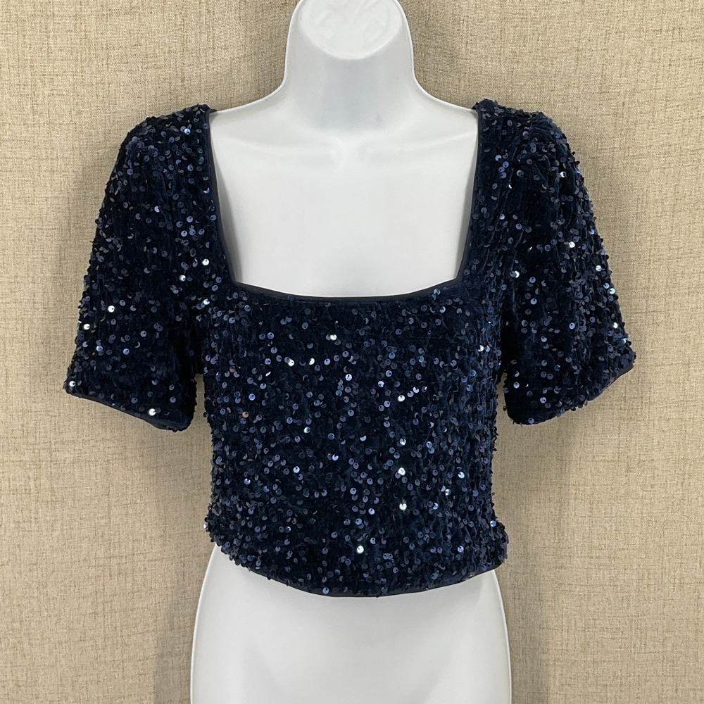 Lulus Sequin Crop Top Womens Size M Navy Blue Square Neck Glam Party